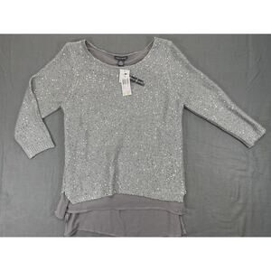 Chelsea & Theodore Women’s Large Sweater 3/4 Sleeve Sequins Gray Chiffon Liner
